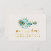 PixDezines 水彩孔雀の羽根/私たちの日を救って 招待状 (正面/裏面)