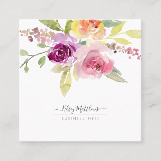 PixDezines 水彩画の夏のバラ、プラム スクエア名刺 (正面)