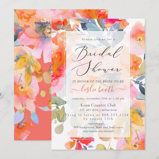 PixDezines 水彩画, ガーデンローズ ブライダルシャワー 招待状 (正面/裏面)