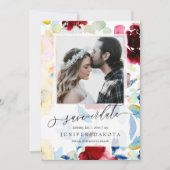 PixDezines 水彩花卉 - 栗色+蓝色 招待状 (正面)