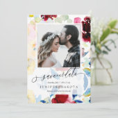 PixDezines 水彩花卉 - 栗色+蓝色 招待状 (スタンド正面)