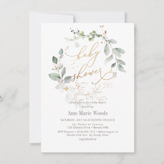 PixDezines 水彩花環ベイビーシャワー 招待状 (正面)
