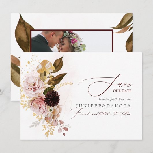 PixDezines 水彩 ヴィンテージ 秋 ローズ ダリア セーブザデート (正面/裏面)