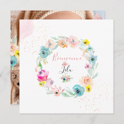 PixDezines 水彩 出生発表 女の子 招待状 (正面/裏面)