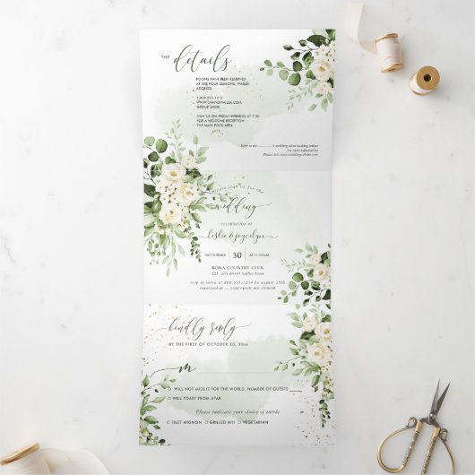 PixDezines 素朴 Eucalyptus AlabasterバラTri-F 三つ折り招待状 (内部)