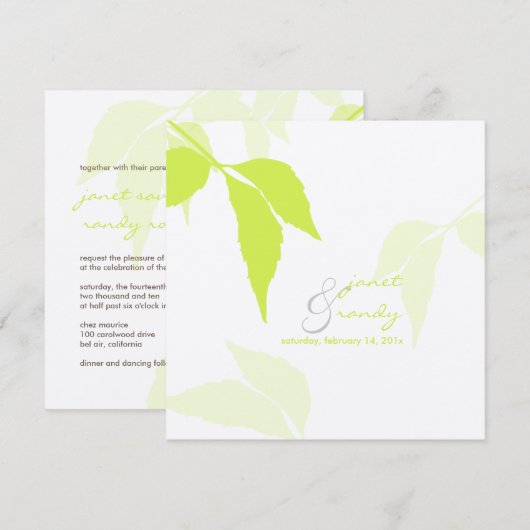 PixDezines 緑の葉/DIY 背景色 招待状 (正面/裏面)