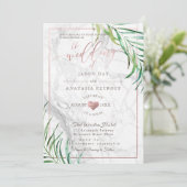 PixDezines 緑の装飾 ヤシの葉+大理石+ローズゴールドのハート 招待状 (スタンド正面)