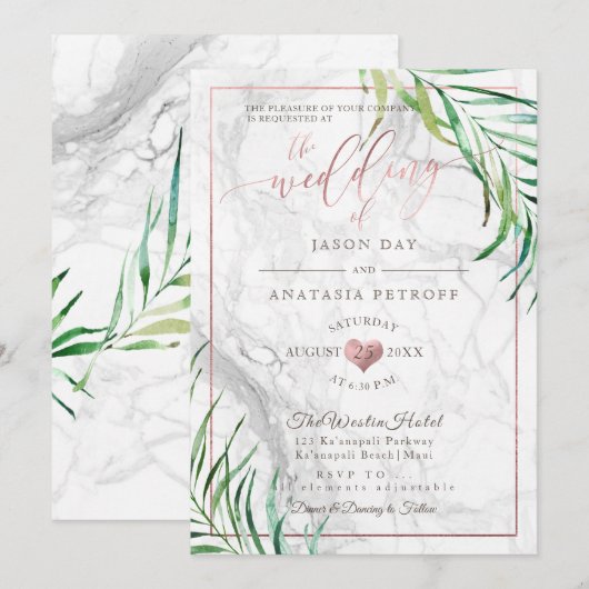 PixDezines 緑の装飾 ヤシの葉+大理石+ローズゴールドのハート 招待状 (正面/裏面)