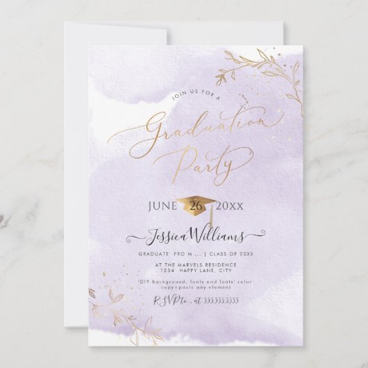 PixDezines 繊細なゴールドの葉のグラデーション 招待状 (正面)