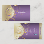PixDezines 繊細な装飾+渦巻き/金+紫/手作り 名刺 (正面/裏面)