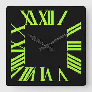 PixDezines 蛍光ライムグリーン ローマ数字 スクエア壁時計