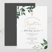 PixDezines 豊かな緑の水彩 洗礼 招待状 (正面/裏面)