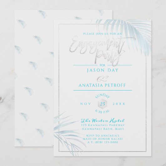 PixDezines 青と銀の手のひら、エンゲージメントパーティー 招待状 (正面/裏面)