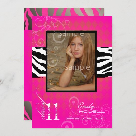 PixDezines 2011卒業式、ホットピンクのハーレクイン 招待状 (正面/裏面)