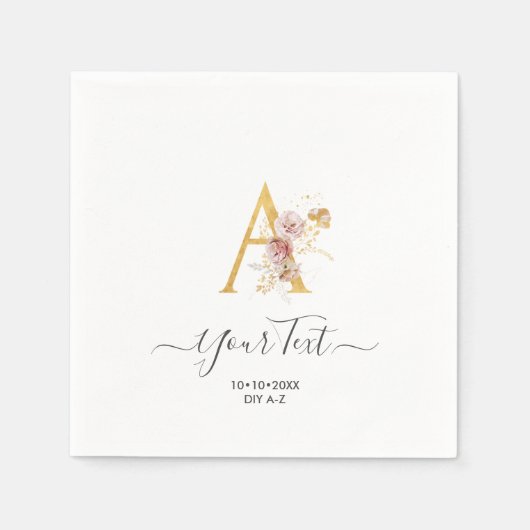 PixDezines A-Z金ゴールドフェイクモノグラム秋の花 スタンダードカクテルナプキン (正面)