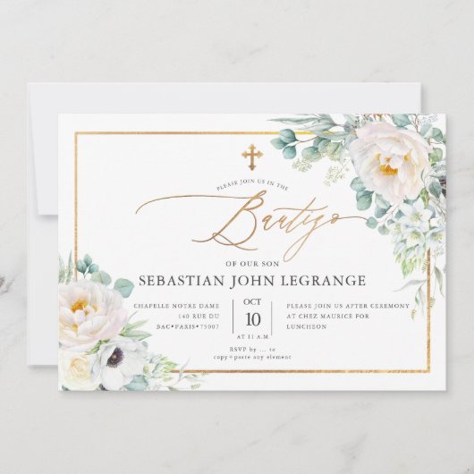 PixDezines Acuarela Peonias Euclipto Batismo 招待状 (正面)