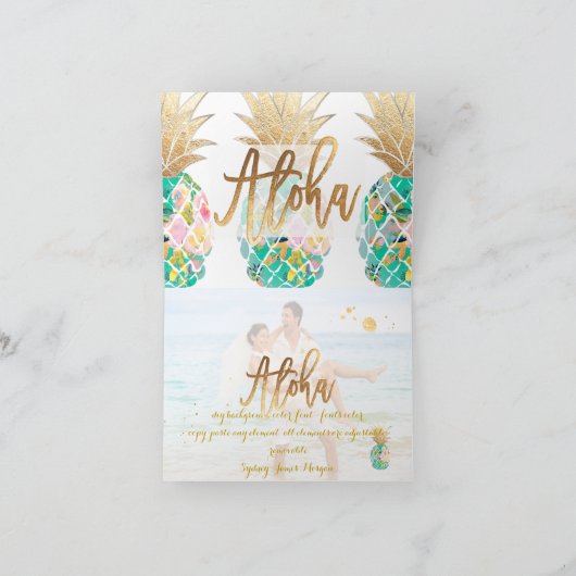 PixDezines Aloha Pineapple、ティール(緑がかった色)グリーンフェイク金ゴー サンキューカード (内部)