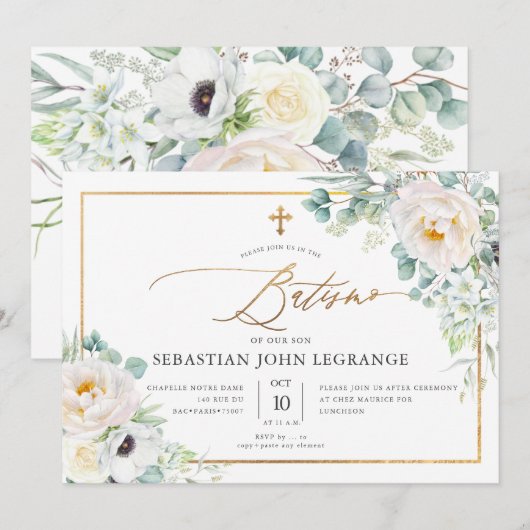 PixDezines AquarelaPeonias Euclipto Batismo 招待状 (正面/裏面)