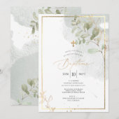 PixDezines Bapteme d'Eucalyptus Rustique Aquarele 招待状 (正面/裏面)