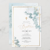 PixDezines Bapteme d'Eucalyptus Rustique Aquarele 招待状 (正面/裏面)