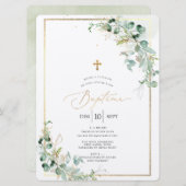 PixDezines Bapteme d'Eucalyptus Rustique Aquarele 招待状 (正面/裏面)