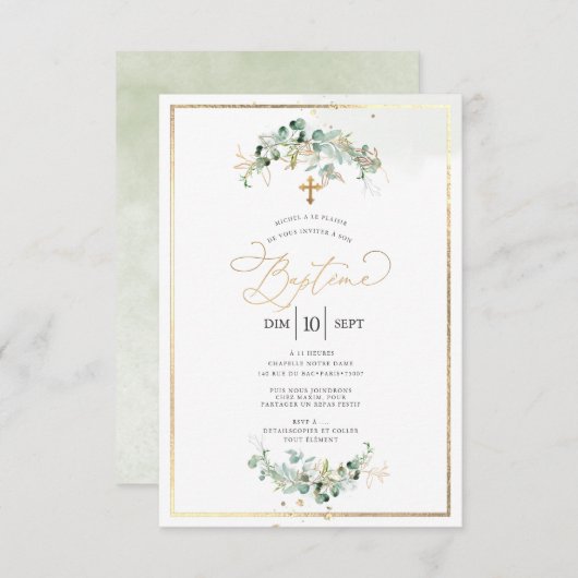 PixDezines Baptême d'Eucalyptus Rustique Aquarelle 招待状 (正面/裏面)
