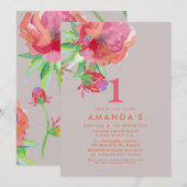 PixDezines Baptism+ 1stBirthday Watercolor Flowers 招待状 (正面/裏面)