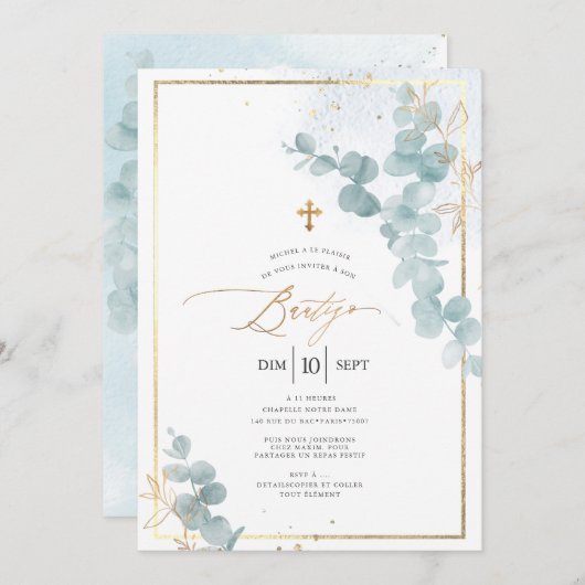 PixDezines Bautizo Euclipto Rustico Acuarela 招待状 (正面/裏面)