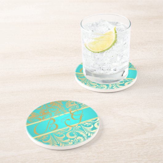 PixDezines Bellissimo Damask、モノグラム結婚ズ コースター (側面)