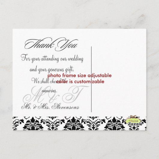 PixDezines Black Damaskウェディングありがとう写真 ポストカード (裏面)