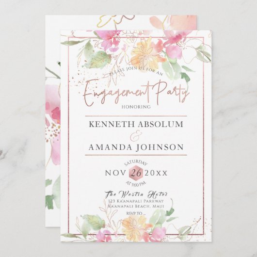 PixDezines Blashing Romance、水彩花 招待状 (正面/裏面)