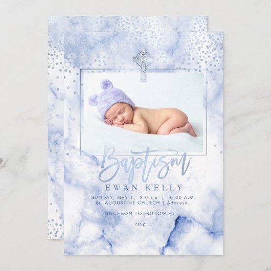 PixDezines Blue Marble+Confetti/洗礼 招待状 (正面/裏面)