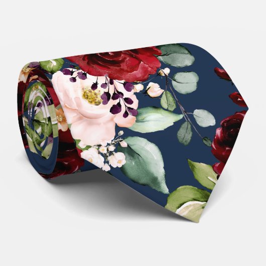 PixDezines Boho赤面ブルゴーニュ水彩花 ネクタイ (ロール)
