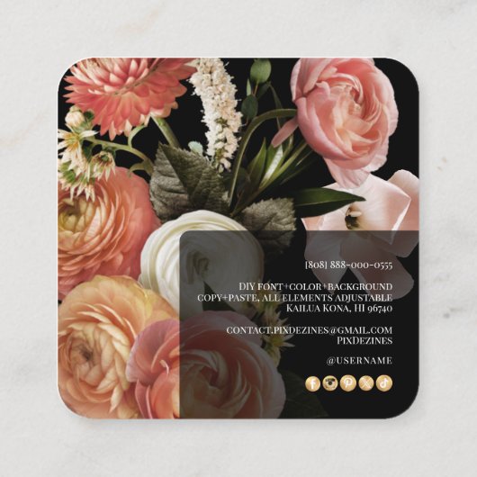 PixDezines Botanical Fresh Flowers Ranunculus スクエア名刺 (裏面)