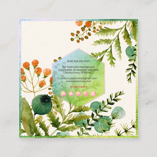 PixDezines Botanical Water Color, Poppies+Ferns スクエア名刺 (裏面)