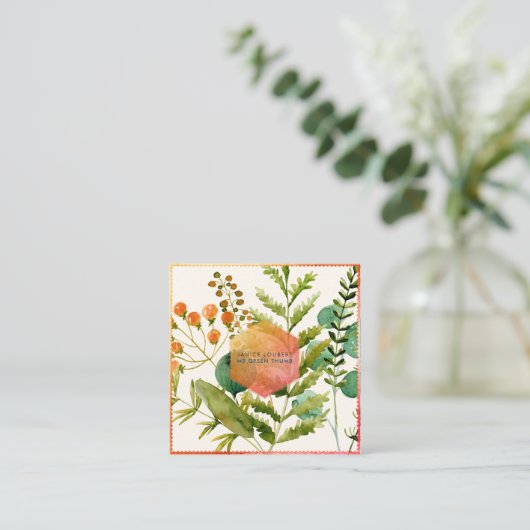 PixDezines Botanical Water Color, Poppies+Ferns スクエア名刺 (スタンド正面)