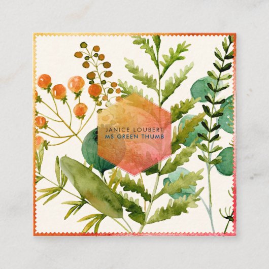 PixDezines Botanical Water Color, Poppies+Ferns スクエア名刺 (正面)
