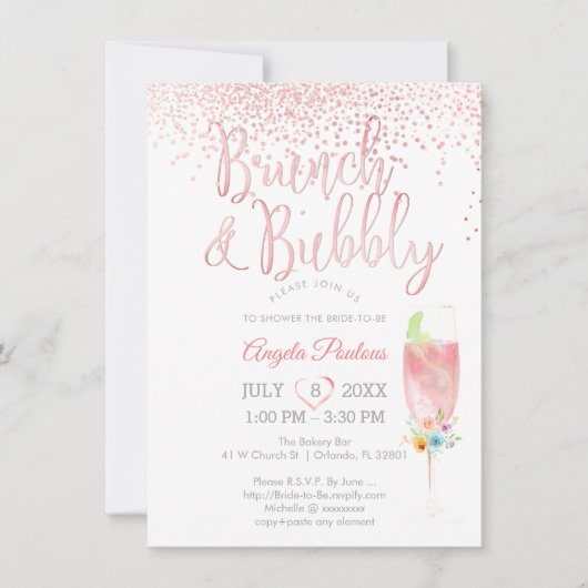 PixDezines Brunch Bubbly/Pink+Silver紙吹雪 招待状 (正面)