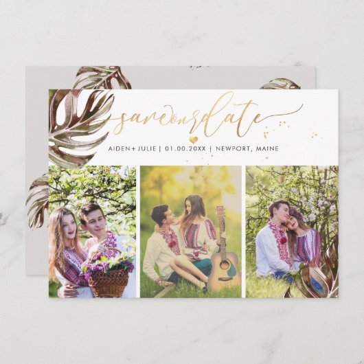 PixDezines Burgundyモンステラフェイク金ゴールド セーブザデート (正面/裏面)