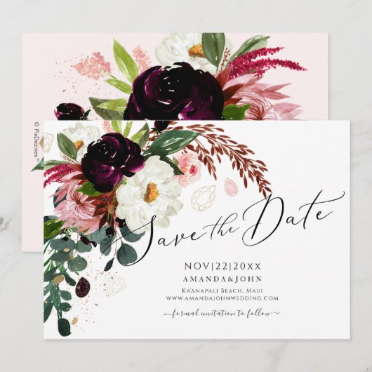 PixDezines Burgundy Rustic Bloom, 結婚式のお知らせ 招待状 (正面/裏面)