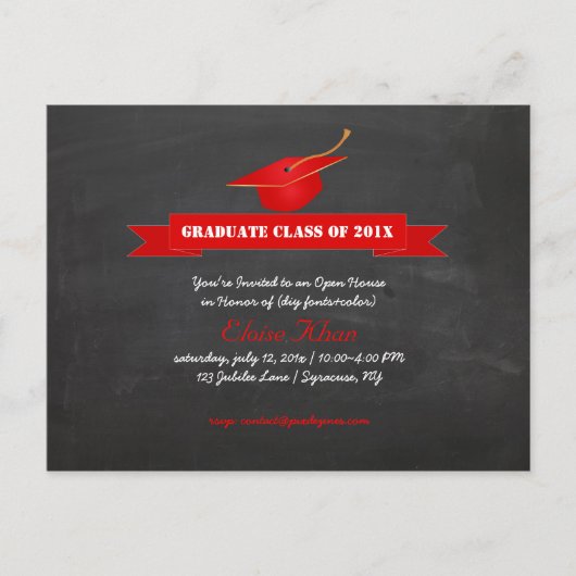 PixDezines chalkboard+レッドキャップ卒業 インビテーションポストカード (正面)