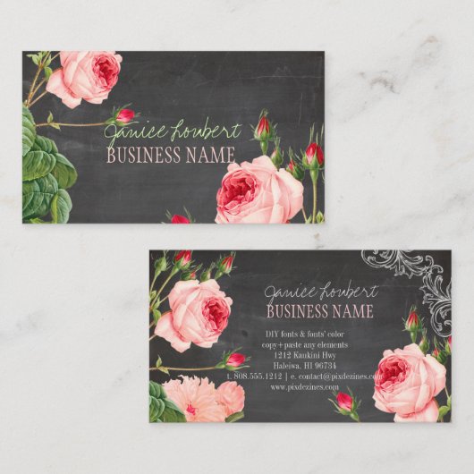 PixDezines Chalkboard/ヴィンテージバラ 名刺 (正面/裏面)