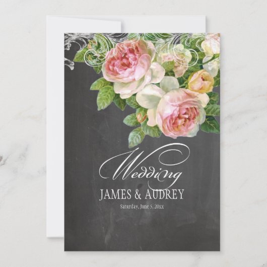 PixDezines chalkboard/rococo/ヴィンテージピンクのバラ 招待状 (正面)