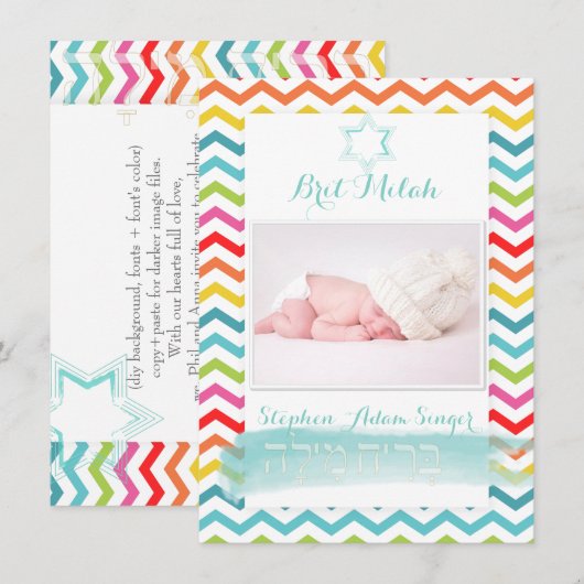 PixDezines chevron/brit milah/photo frame+stars 招待状 (正面/裏面)