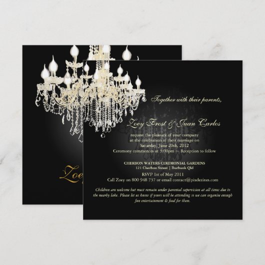 PixDezines Crystal Chandelier + Damask/black+white 招待状 (正面/裏面)