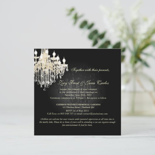 PixDezines Crystal Chandelier + Damask/black+white 招待状 (スタンド正面)