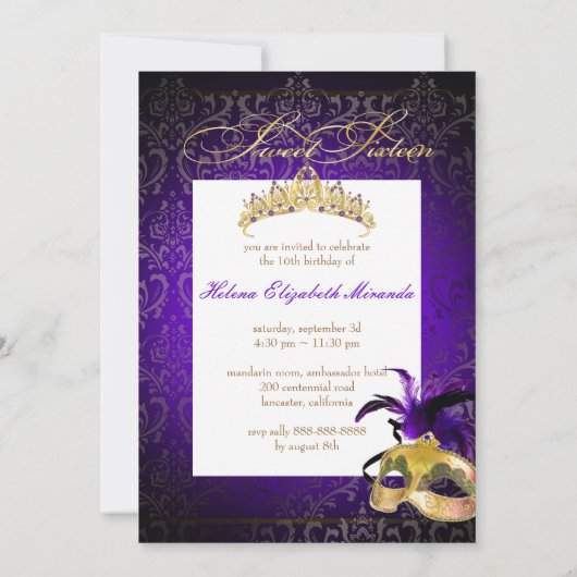 PixDezines DAMASK SWEET 16 MASQUERADE/DIY PURPLE 招待状 (裏面)