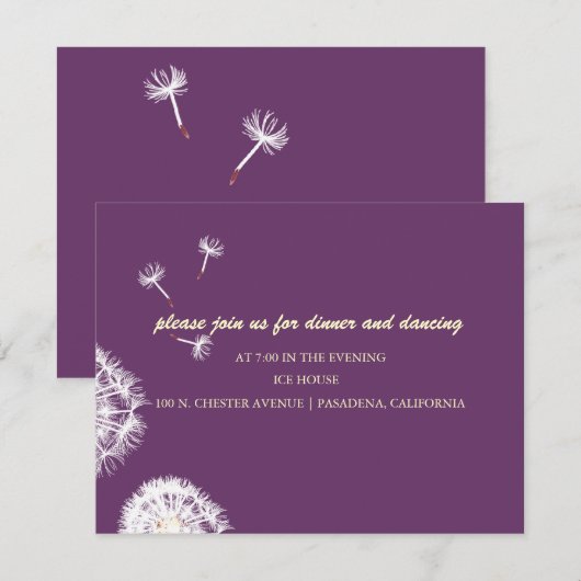 PixDezines Dandelions、暗い背景色 招待状 (正面/裏面)