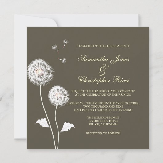PixDezines Dandelions、暗い背景色 招待状 (正面)