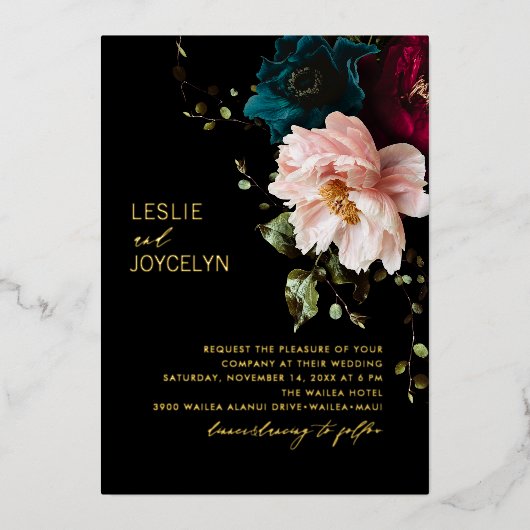 PixDezines Dark Moodyフローラ配置 箔招待状 (正面)